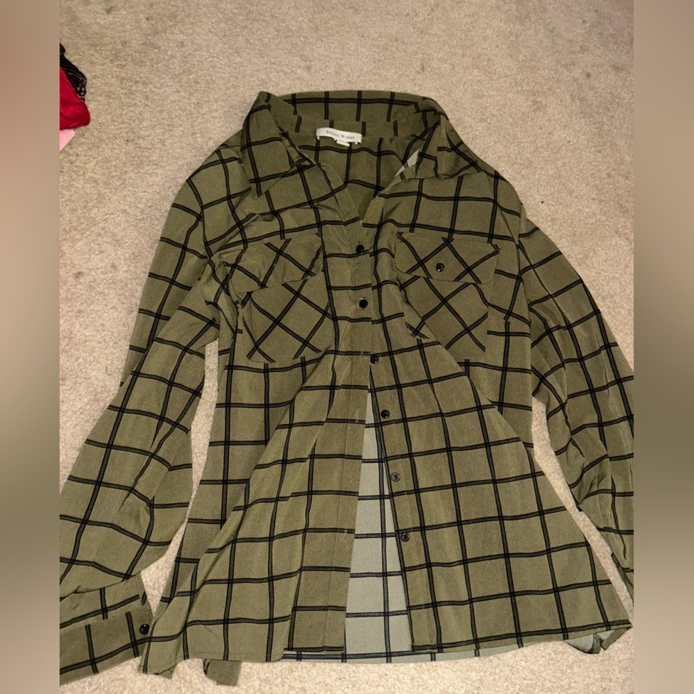 Studio Works Olive Green Plaid Work Button Down Shirt